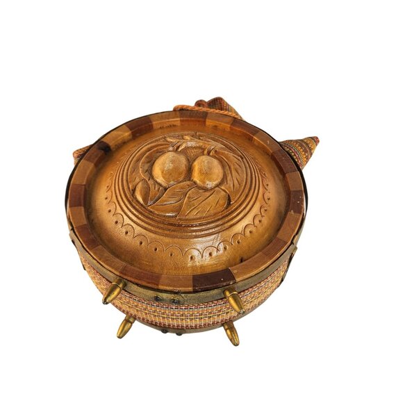 Handcrafted Wooden Water Canteen Decanter Flask Brass Feet Folk Art Barware Deco - Picture 9 of 12